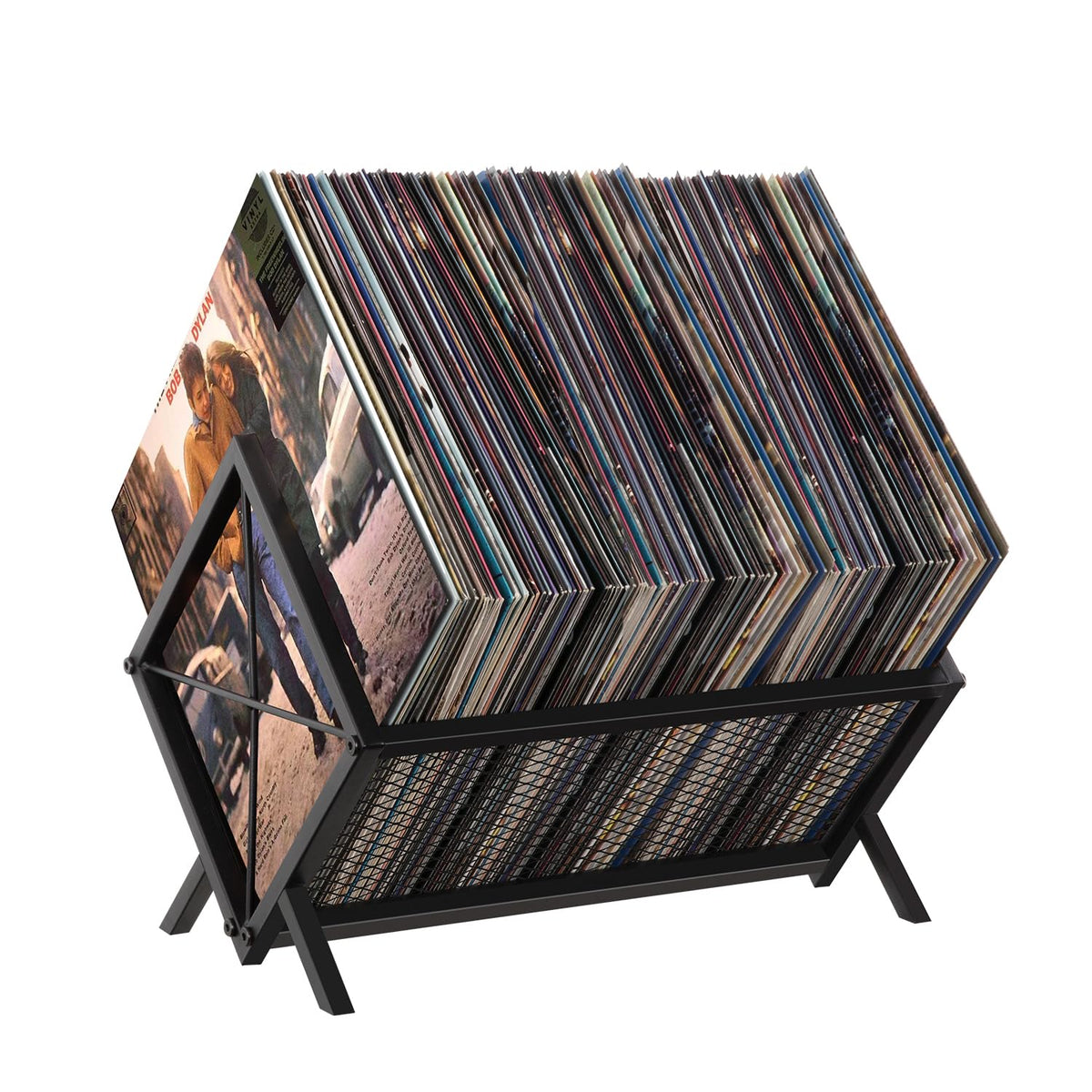 YINMIT vinyl storage rack with 80-100 LP capacity keeps shelves organized.
