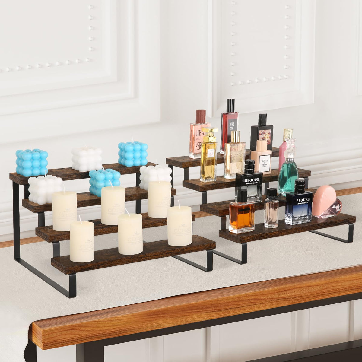 YINMIT candle and perfume display on a dresser with organized layout