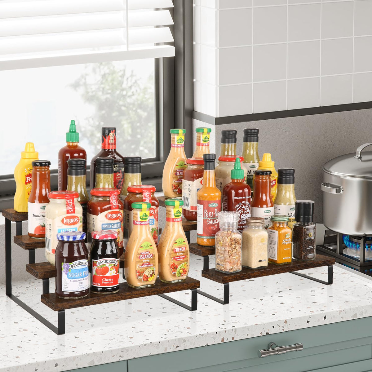 YINMIT wooden display riser stacked tiers showing space-saving design