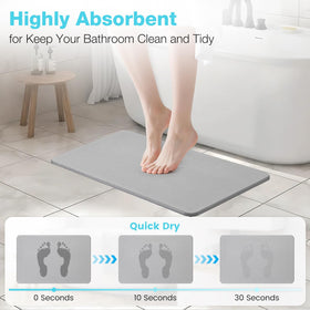 Yinoos diatomite mat drying quickly after use in a bright bathroom.
