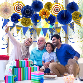 YIOTJUNL blue-gold garland set brightens ceiling displays.