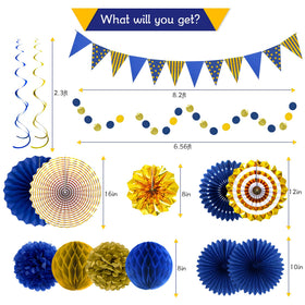 YIOTJUNL blue gold paper fans banner enhances party decor.