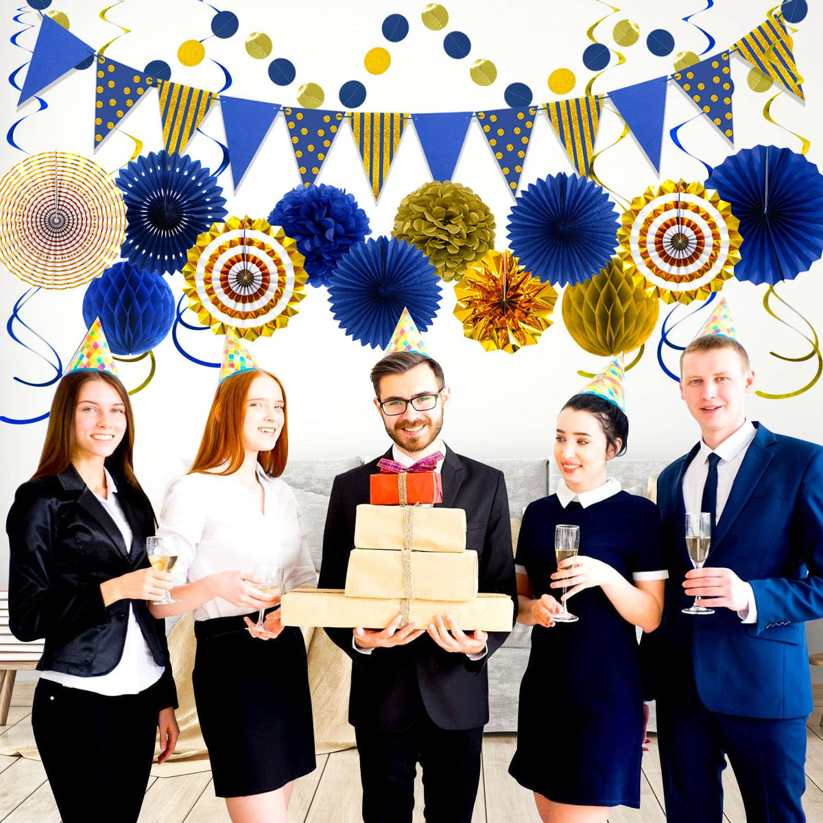 YIOTJUNL blue gold paper pom poms create festive focal points.