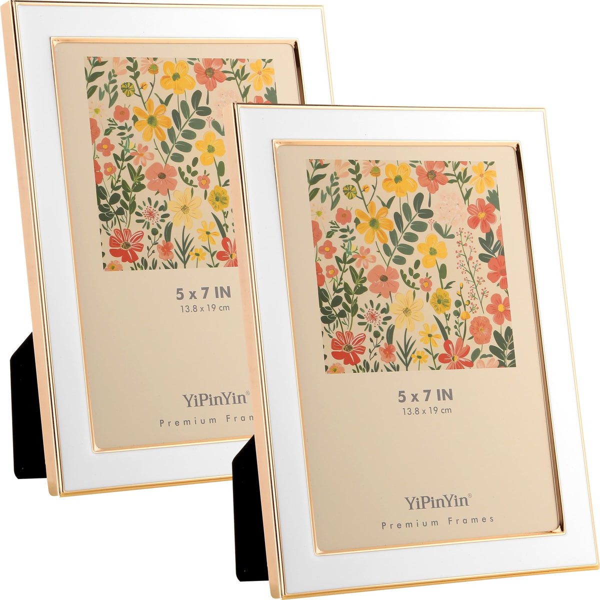 YiPinYin 5x7 white enamel frame with gold edge, front view highlighting elegant display for photos.