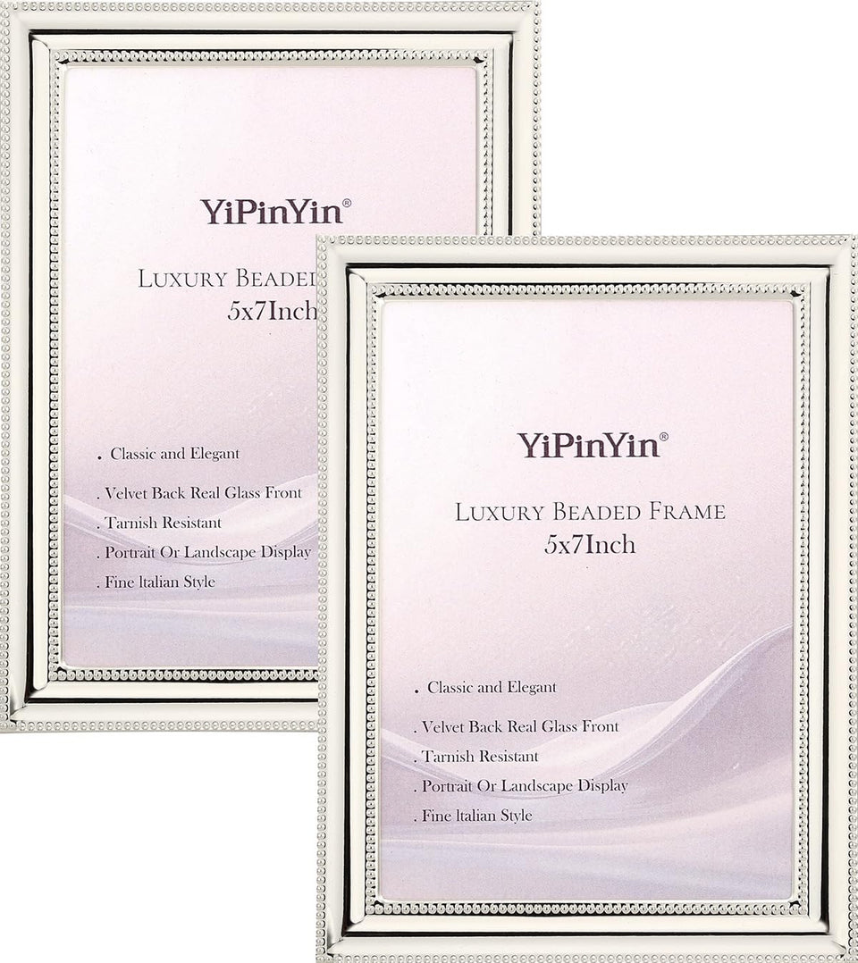YiPinYin classy silver-plated 5x7 frame front view with beaded elegance for photos.