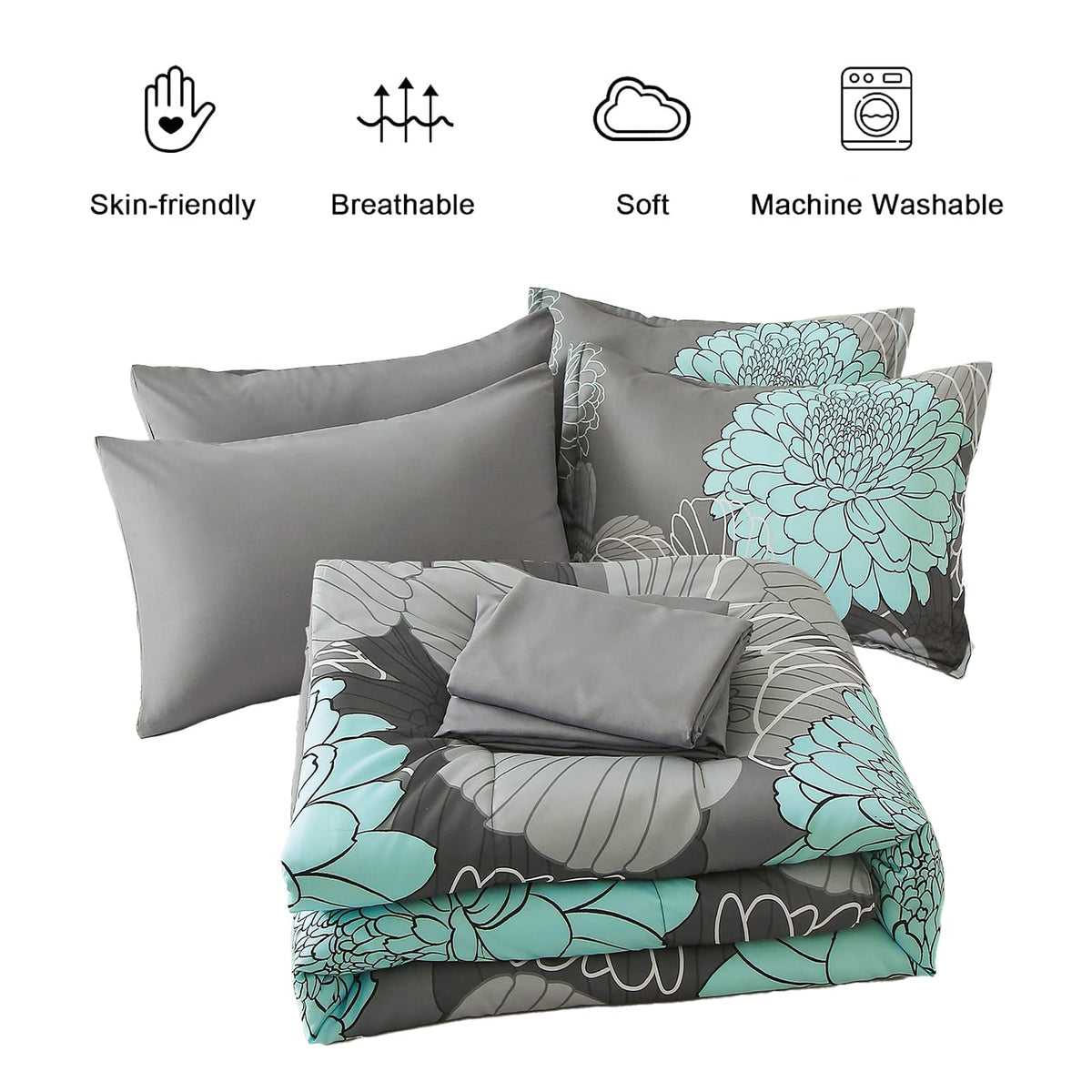 Yiran all-in-one bed-in-a-bag packaging image illustrating seven-piece set for easy setup.