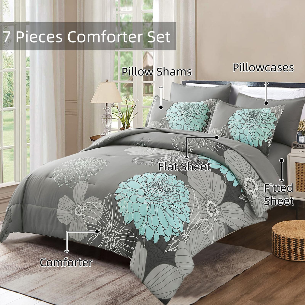 Yiran 7-piece bedding layout highlights included comforter and two pillows shams for cohesive styling.