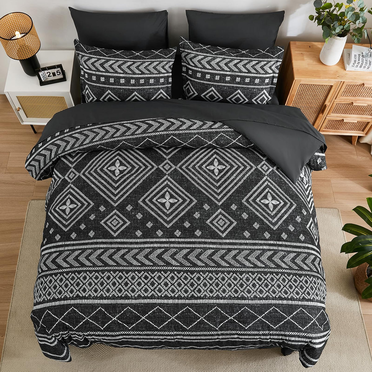 Yiran queen comforter set flat sheet display in dark grey