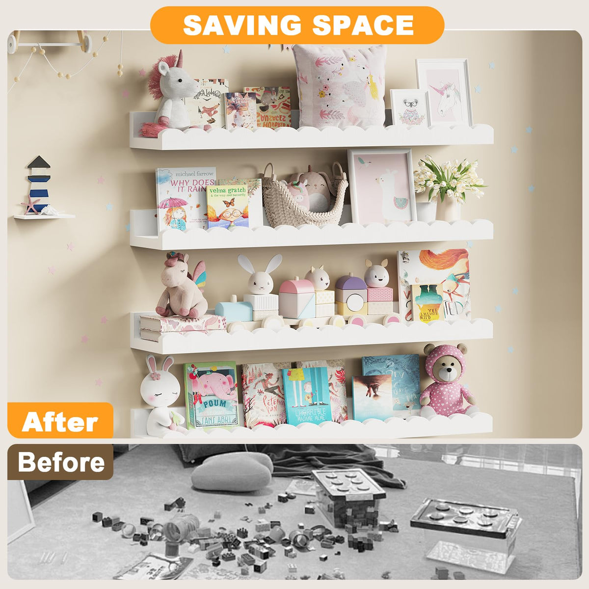 Yirilan white nursery shelves showcasing books, toys, and decor.