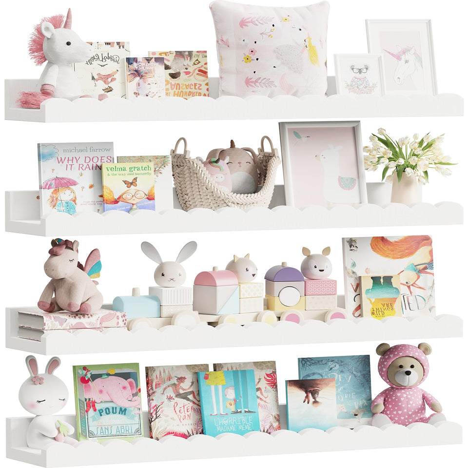 Yirilan scalloped shelves on wall in white, ideal for kid-friendly book displays.