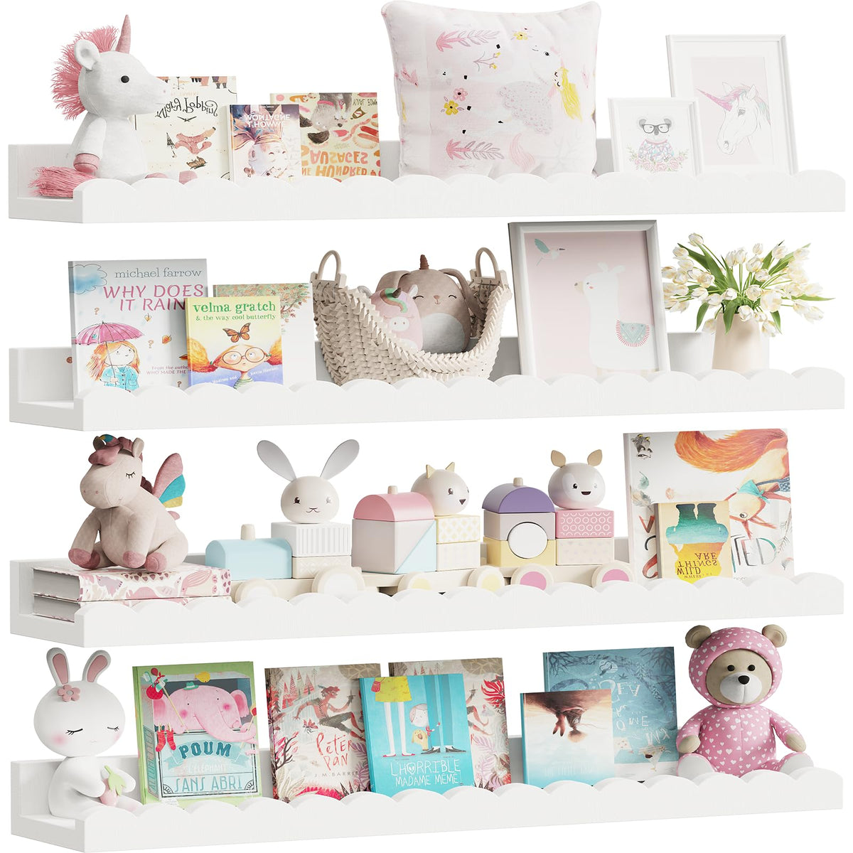 Yirilan scalloped shelves on wall in white, ideal for kid-friendly book displays.