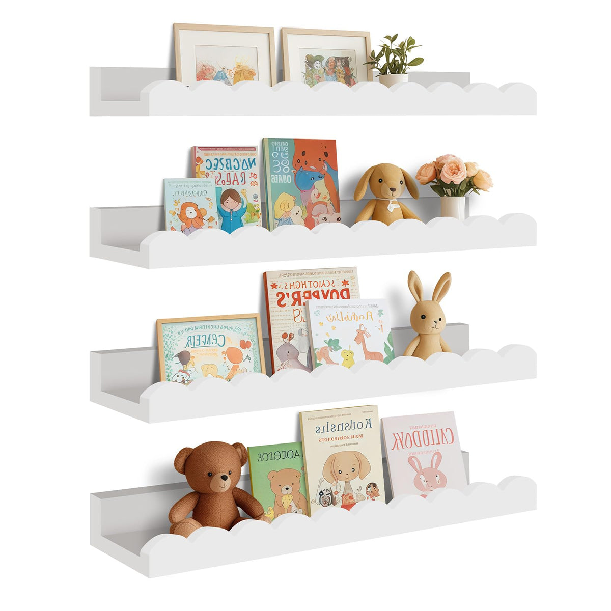 Yirilan scalloped shelves front view in white ideal for nursery display.