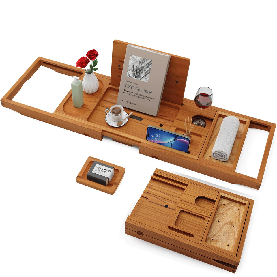 Yirilan Teak Bathtub Tray extended length for larger tubs.