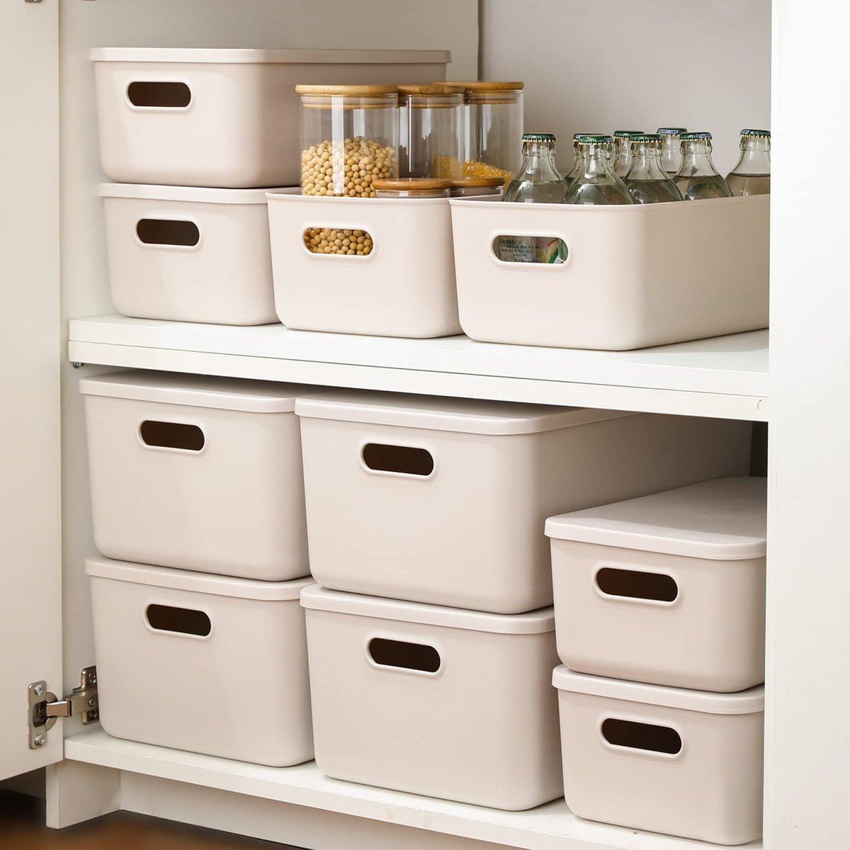 Yishyfier knit-lidded grey bins ideal for closet organization.