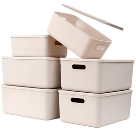 Yishyfier light grey storage baskets with lids for tidy shelves.