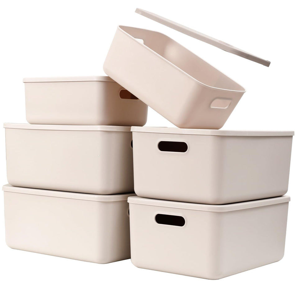 Yishyfier light grey storage baskets with lids for tidy shelves.