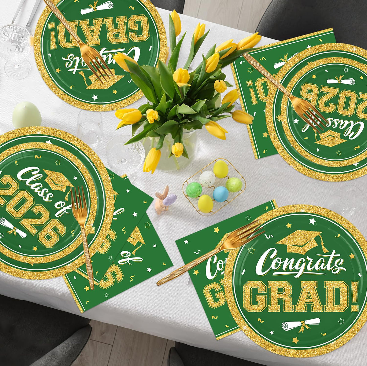 YISKUOPU green and gold grad plates 7-inch, ideal for desserts at Class of 2026 celebrations