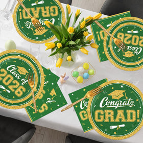 YISKUOPU green and gold grad plates 7-inch, ideal for desserts at Class of 2026 celebrations