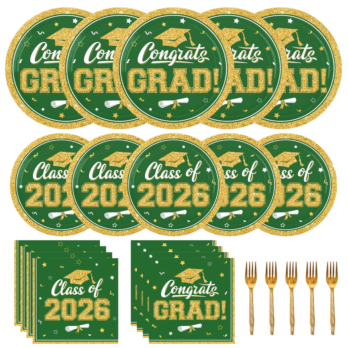 YISKUOPU green and gold grad plate 9-inch with Congrats text for stylish graduation table settings