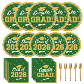 YISKUOPU green and gold grad plate 9-inch with Congrats text for stylish graduation table settings