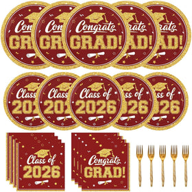 YISKUOPU maroon gold grad plates 9 inch for elegant graduation party serving