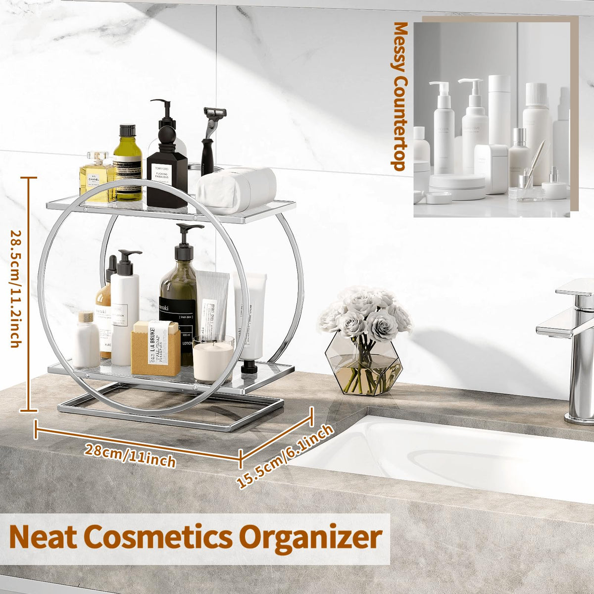 YIWANFW 2-tier countertop organizer enhances bathroom storage and access.