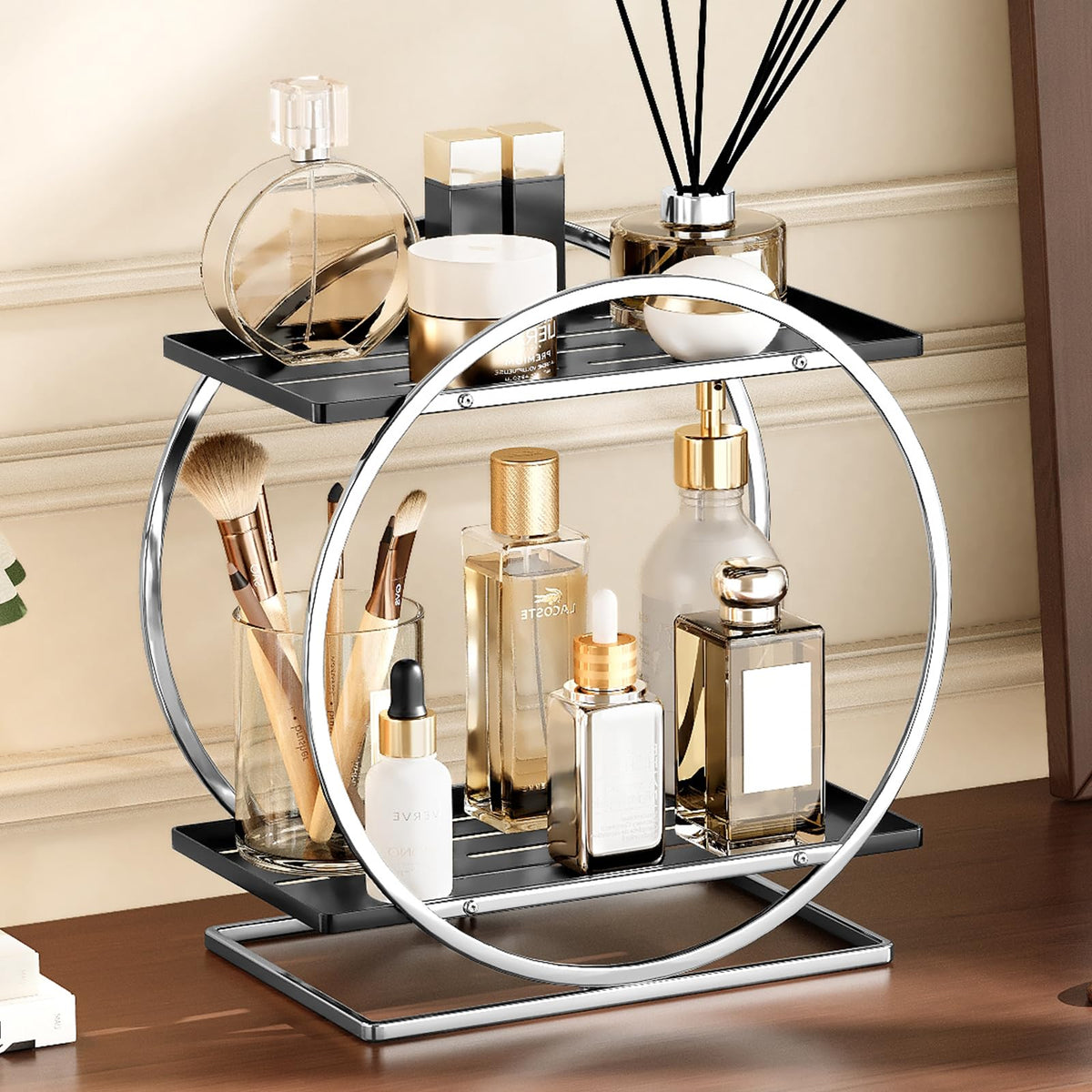 YIWANFW 2-Tier round bathroom organizer on countertop keeps vanity neat and accessible