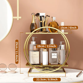 YIWANFW gold-tone cosmetics shelf displays skincare and makeup elegantly.