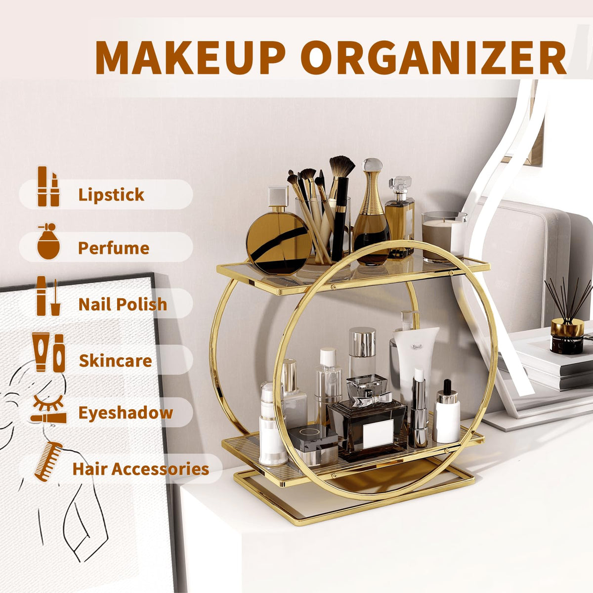 YIWANFW gold skincare organizer with handle for portable use.