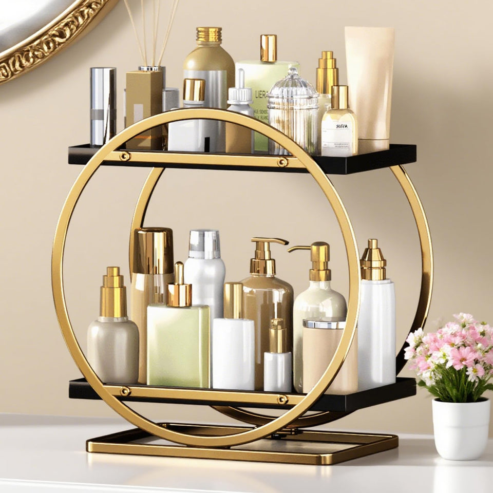 YIWANFW makeup organizer vanity two-tier keeps cosmetics neatly within reach.