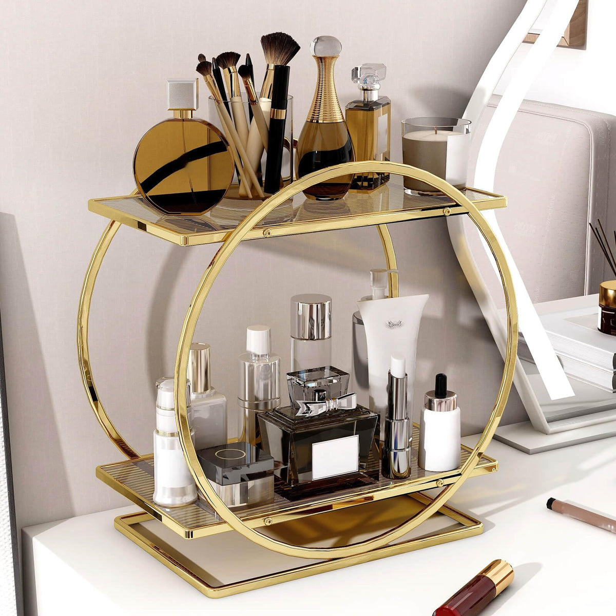 YIWANFW 2-tier perfume organizer on dresser keeps fragrances within easy reach.