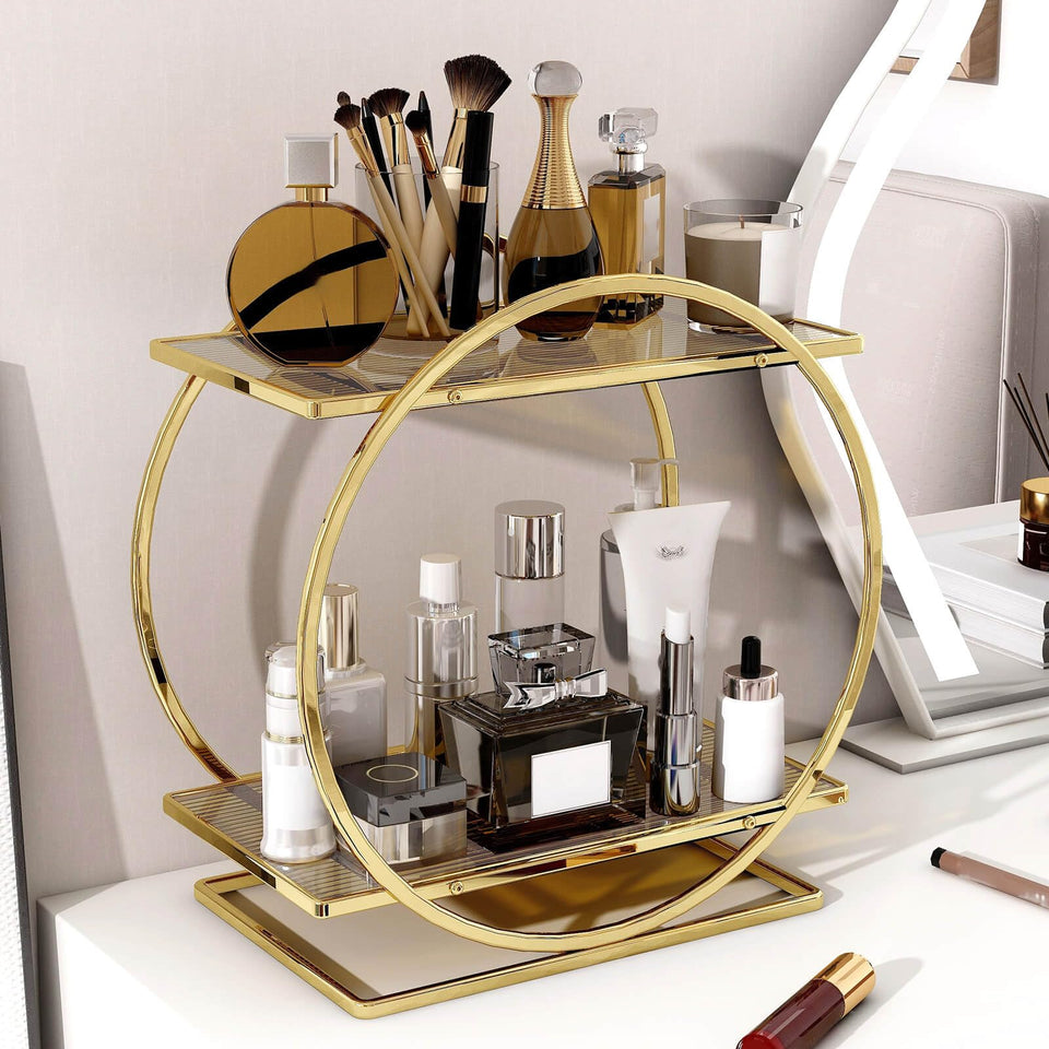 YIWANFW 2-tier perfume organizer on dresser keeps fragrances within easy reach.