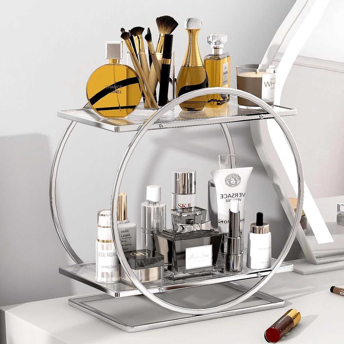 YIWANFW perfume organizer on bedroom dresser keeps fragrances within easy reach.