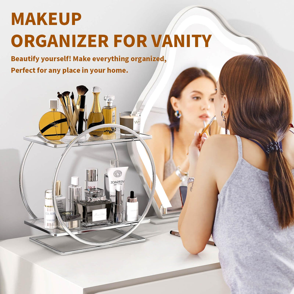 YIWANFW silver makeup organizer on vanity showcases cosmetics neatly.
