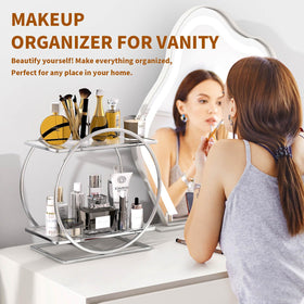 YIWANFW silver makeup organizer on vanity showcases cosmetics neatly.