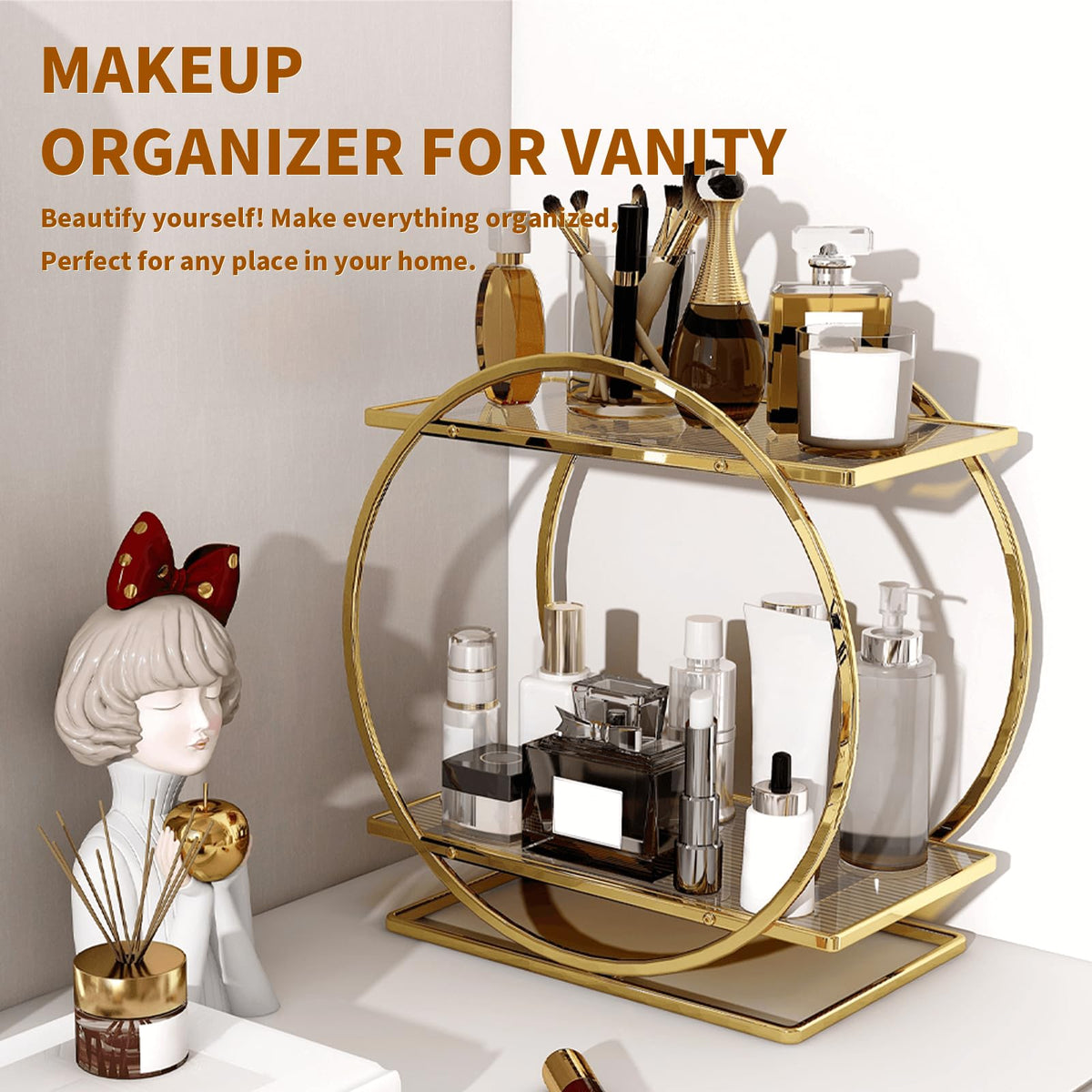 YIWANFW vanity organizer in metal and acrylic elevates cosmetics display.