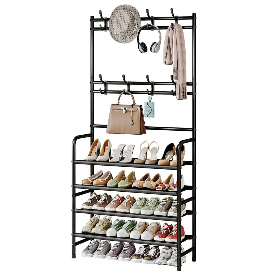 YIZAIJIA coat rack and shoe rack with 4-tier black design for organized entryways.