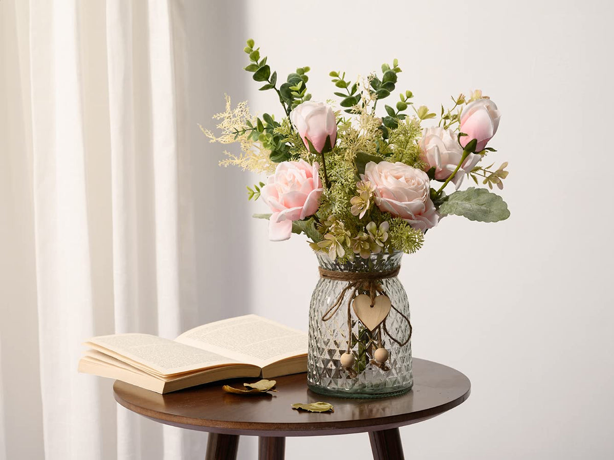 YJ fake flowers with vase featuring eucalyptus accents for fresh-looking living room styling.