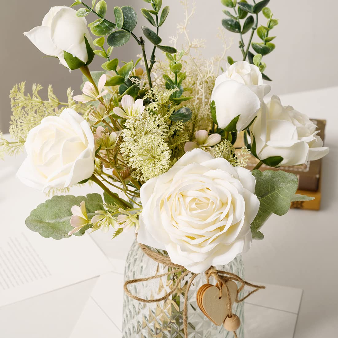 YJ Fake Flowers with Vase glass vase and rope accent for display