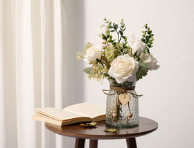 YJ Fake Flowers with Vase heart pendants detail, stylish centerpiece idea
