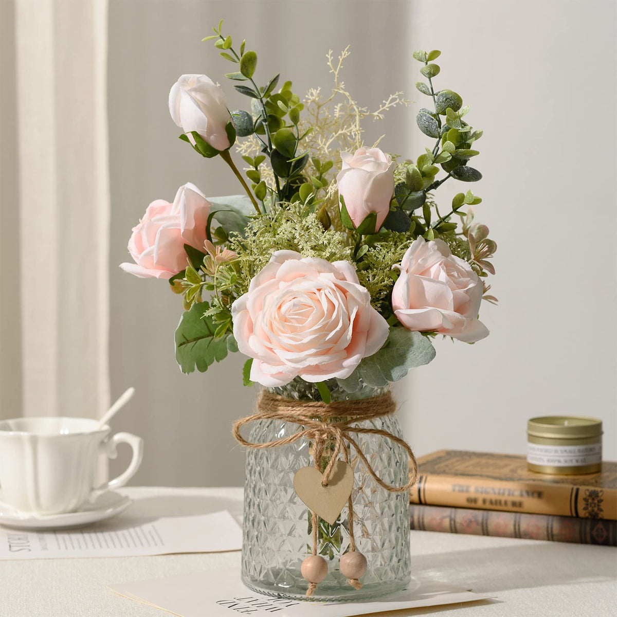 YJ fake flowers with vase pink roses for elegant tabletop decor all year.