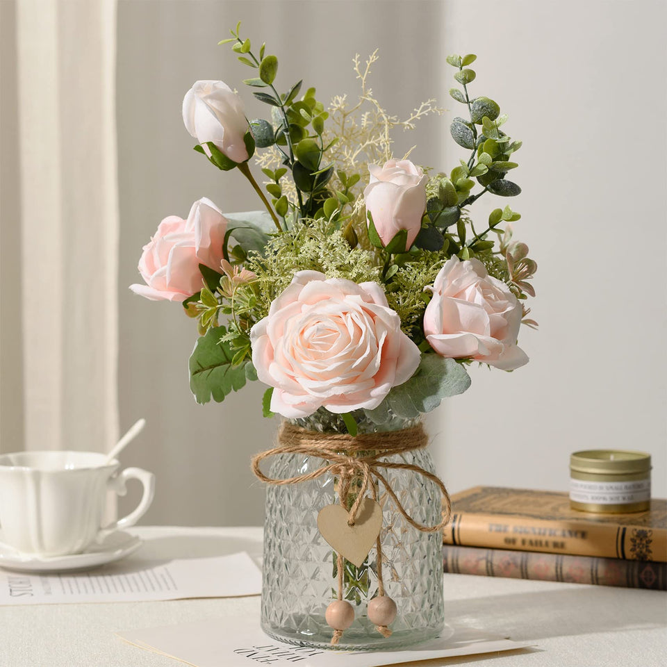 YJ fake flowers with vase pink roses for elegant tabletop decor all year.