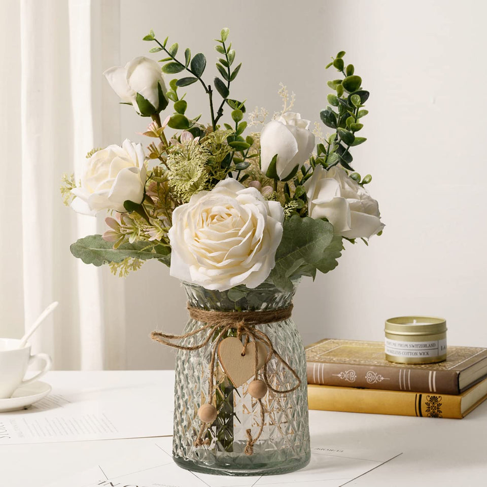 YJ Fake Flowers with Vase white roses close-up, lifelike texture for elegant home decor