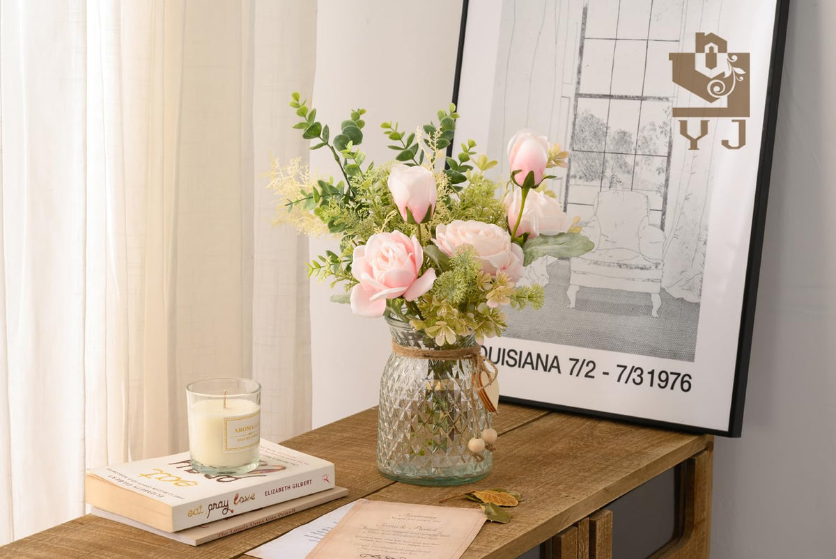 YJ farmhouse table decor with pink flowers complements modern rustic rooms and gifting.