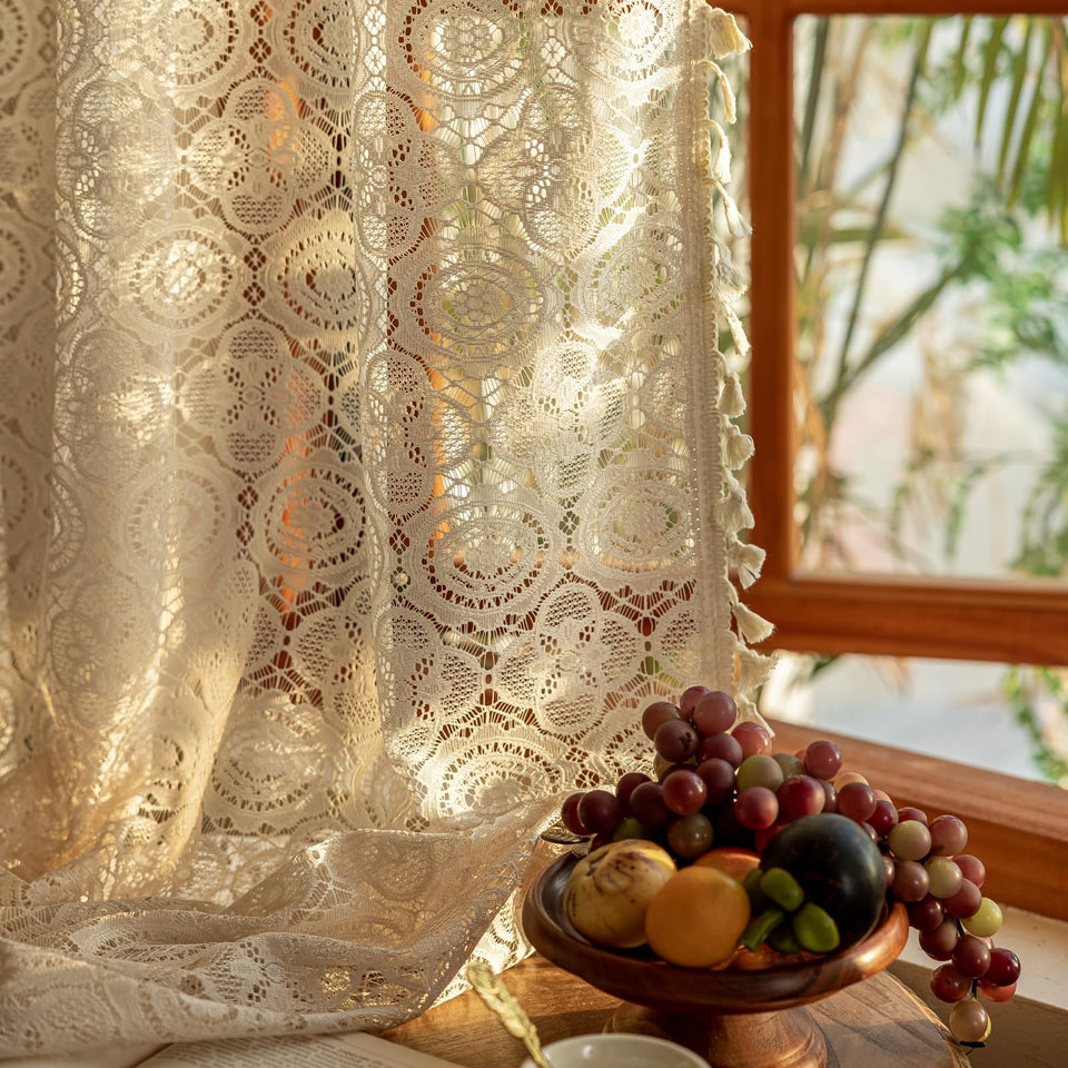 YJ YANJUN boho lace curtains with tassels for soft light and privacy.