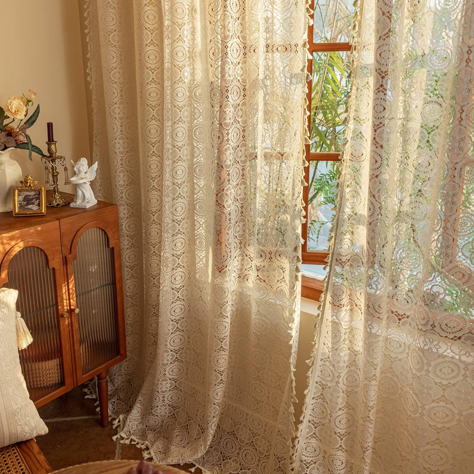 YJ YANJUN boho lace curtains closeup of vintage floral crochet detailing adds charm and light filtering.