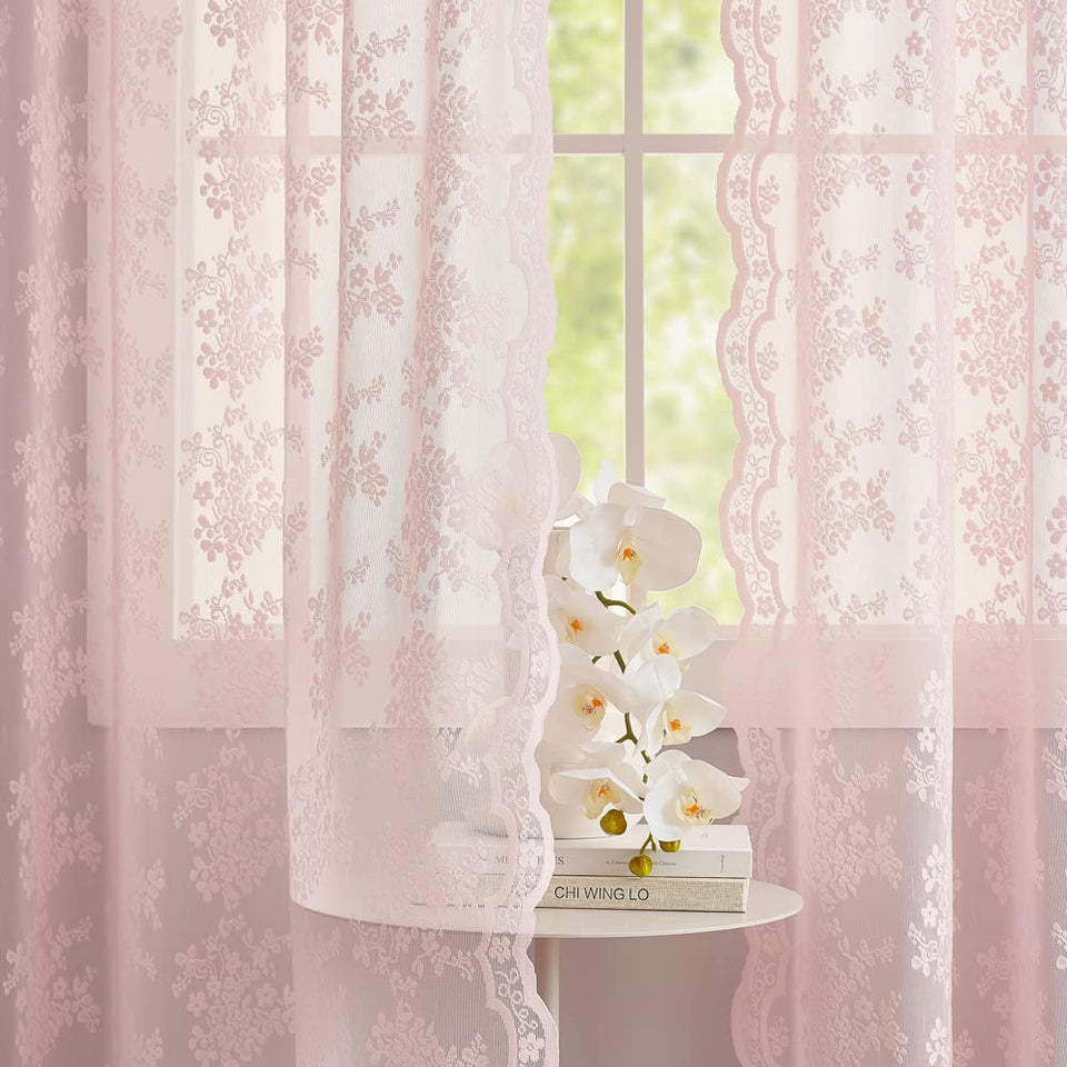 YJ YANJUN pink lace curtain pair, 84-inch length, soft light for living room ambience