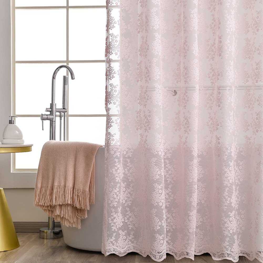 Close-up of attached valance on YJ YANJUN pink lace curtain adds charm