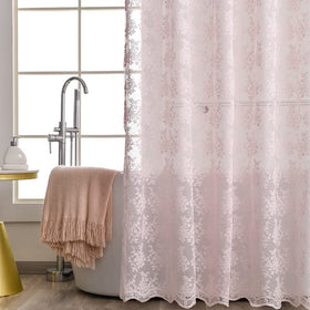 Close-up of attached valance on YJ YANJUN pink lace curtain adds charm