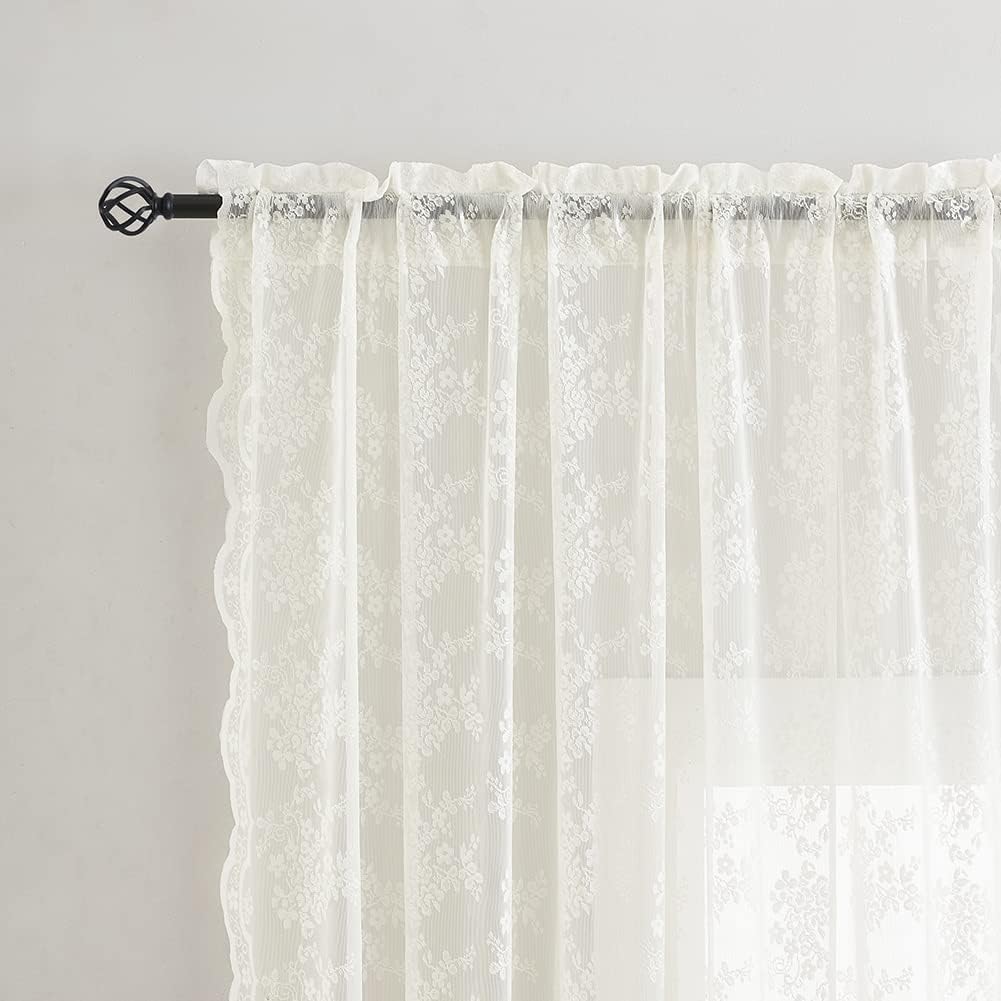 YJ YANJUN Victorian floral lace panels in ivory 2-pack for decorative privacy